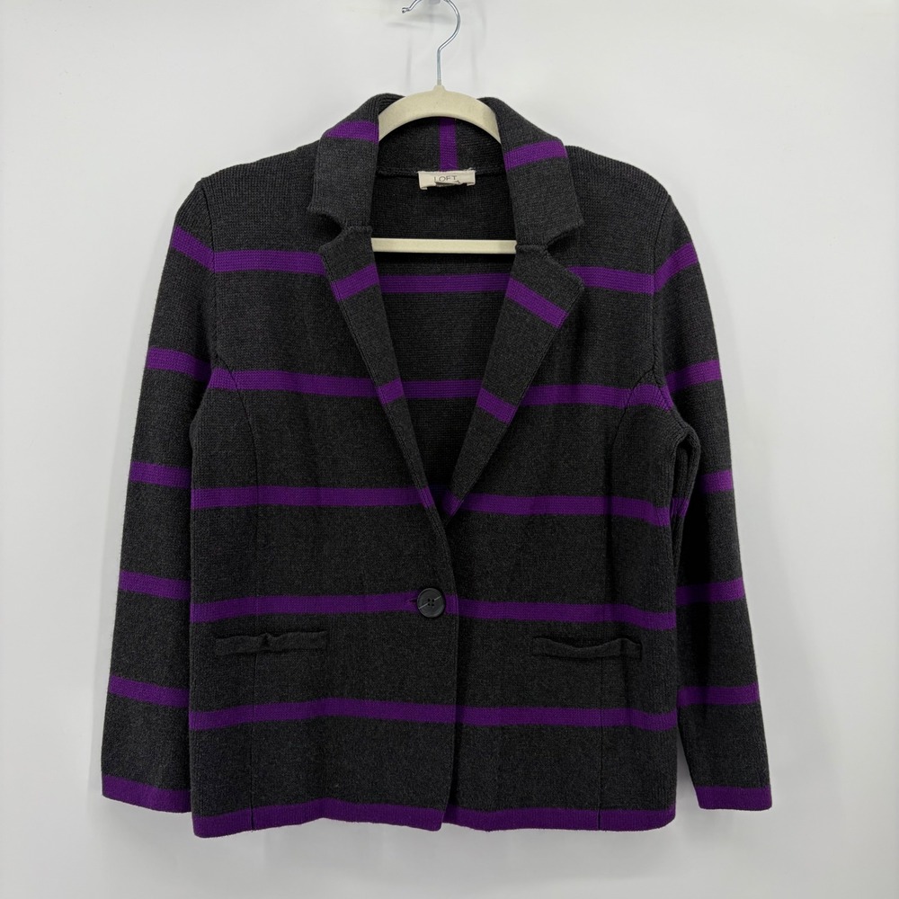 Loft Womens Medium Gray Purple Striped Knit Blazer Cardigan Cotton Sweater